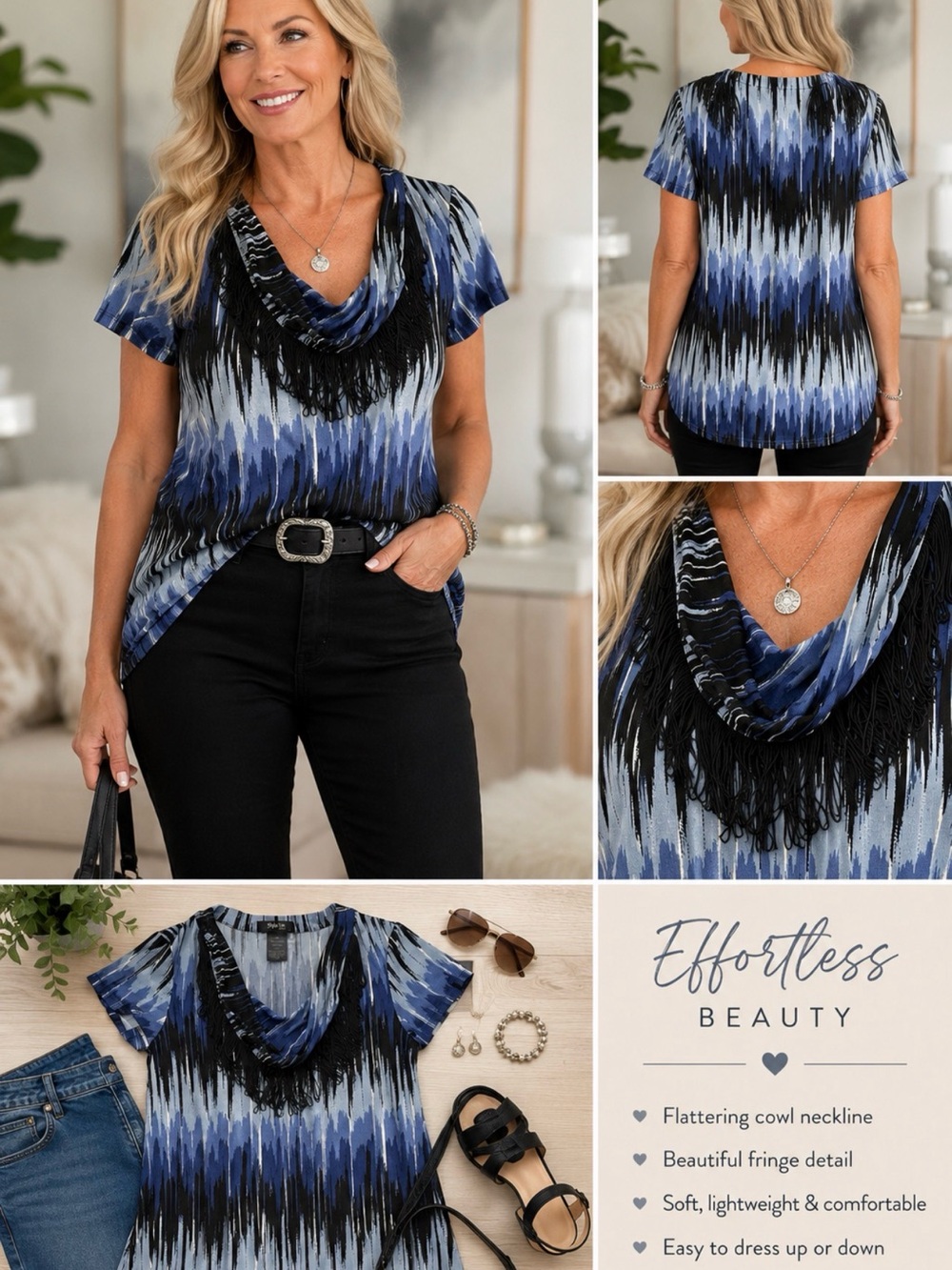 Style&co. Petite Fringe Cowl Neck Women's Top in Blue Ombre sz S